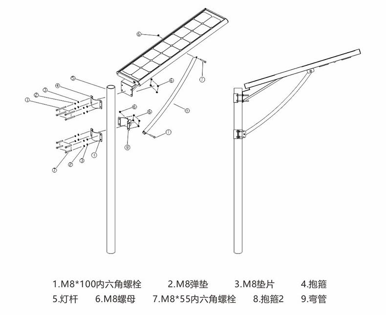 东莞麻豆视频下载照明抱箍式一体化LED太阳能路灯安装示意图